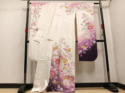 平和屋着物●豪華振袖　刺繍　舞花文　暈し染め　金糸　京都きもの友禅扱い　正絹　逸品　AABK4287ph