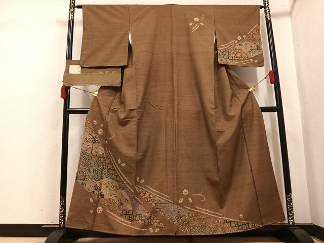 平和屋着物●伝統工芸士　七代目　吉澤与市　訪問着　紬地　型染め　花鳥文　反端付き　正絹　逸品　AABK4300ph