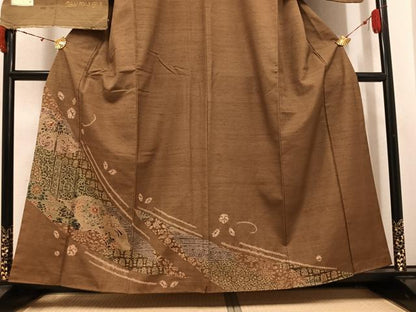 平和屋着物●伝統工芸士　七代目　吉澤与市　訪問着　紬地　型染め　花鳥文　反端付き　正絹　逸品　AABK4300ph