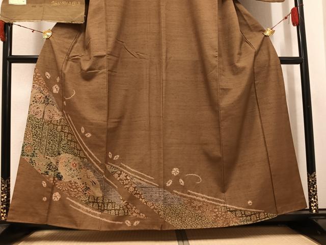 平和屋着物●伝統工芸士　七代目　吉澤与市　訪問着　紬地　型染め　花鳥文　反端付き　正絹　逸品　AABK4300ph