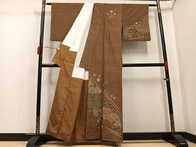 平和屋着物●伝統工芸士　七代目　吉澤与市　訪問着　紬地　型染め　花鳥文　反端付き　正絹　逸品　AABK4300ph