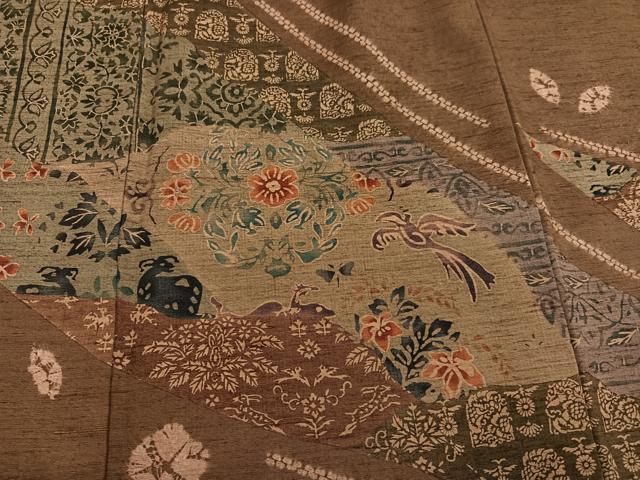 平和屋着物●伝統工芸士　七代目　吉澤与市　訪問着　紬地　型染め　花鳥文　反端付き　正絹　逸品　AABK4300ph