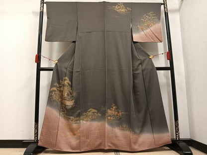 平和屋着物●訪問着　刺繍　風景草花文　暈し染め　金銀彩　正絹　逸品　AABK4313ph