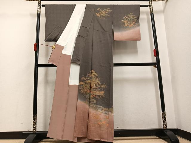 平和屋着物●訪問着　刺繍　風景草花文　暈し染め　金銀彩　正絹　逸品　AABK4313ph