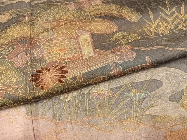 平和屋着物●訪問着　刺繍　風景草花文　暈し染め　金銀彩　正絹　逸品　AABK4313ph