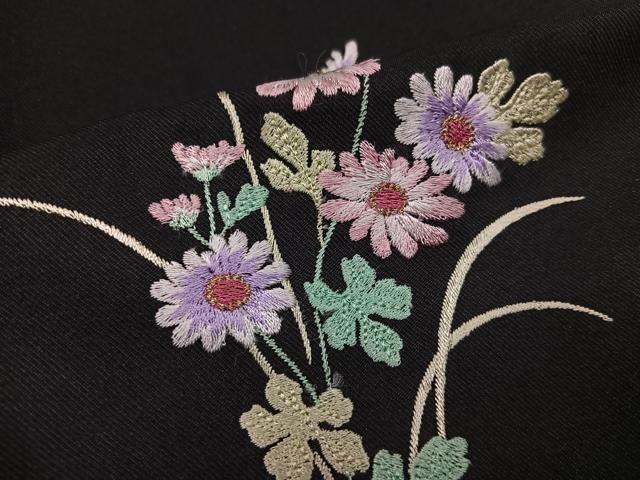 平和屋着物●女性　行灯袴　刺繍　草花文　黒地　洗える着物　AABK4321ph