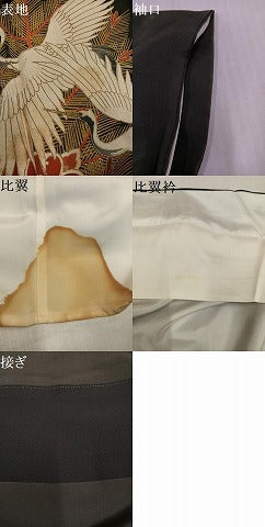 平和屋着物●アンティーク　大正ロマン　黒留袖　駒刺繍　群れ鶴浜松文　正絹　逸品　AABK4334ph