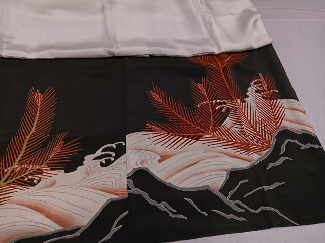 平和屋着物●アンティーク　大正ロマン　黒留袖　駒刺繍　群れ鶴浜松文　正絹　逸品　AABK4334ph