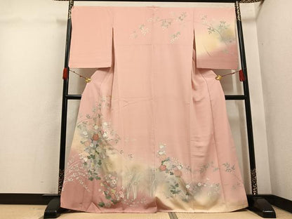 平和屋着物●訪問着　友禅　草花文　暈し染め　金銀彩　正絹　逸品　AABK4339ph