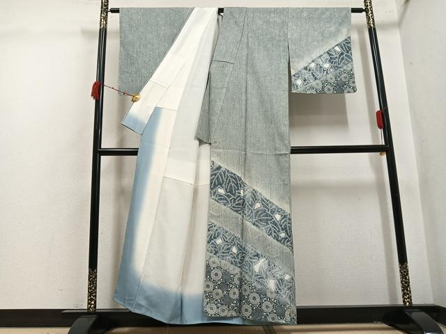 平和屋着物●訪問着　紬地　絞り　型染め　花唐草紋　暈し染め　正絹　逸品　AABK4342ph