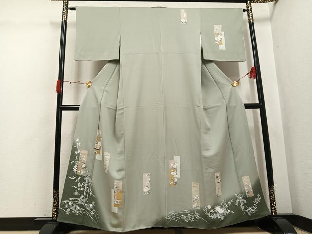 平和屋着物●訪問着　駒刺繍　短冊草花文　暈し染め　金彩　正絹　逸品　AABK4351ph