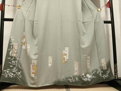 平和屋着物●訪問着　駒刺繍　短冊草花文　暈し染め　金彩　正絹　逸品　AABK4351ph