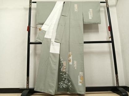 平和屋着物●訪問着　駒刺繍　短冊草花文　暈し染め　金彩　正絹　逸品　AABK4351ph