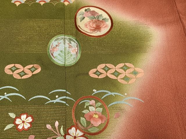 平和屋着物●訪問着　刺繍　草花丸文　暈し染め　金糸　正絹　逸品　AABK4354ph