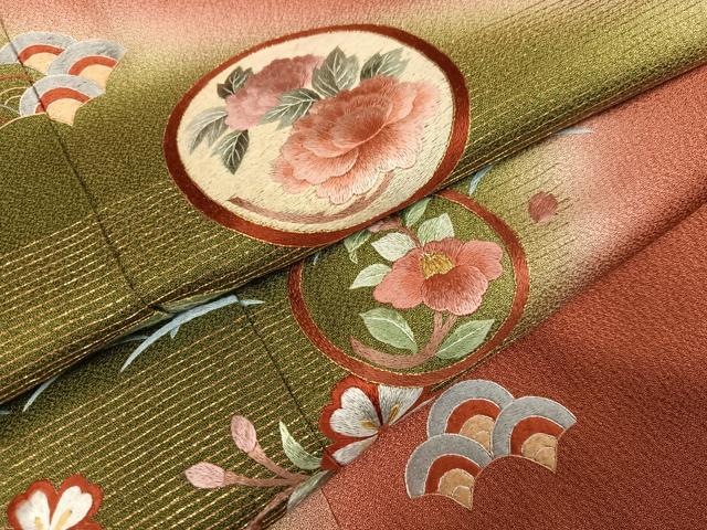 平和屋着物●訪問着　刺繍　草花丸文　暈し染め　金糸　正絹　逸品　AABK4354ph