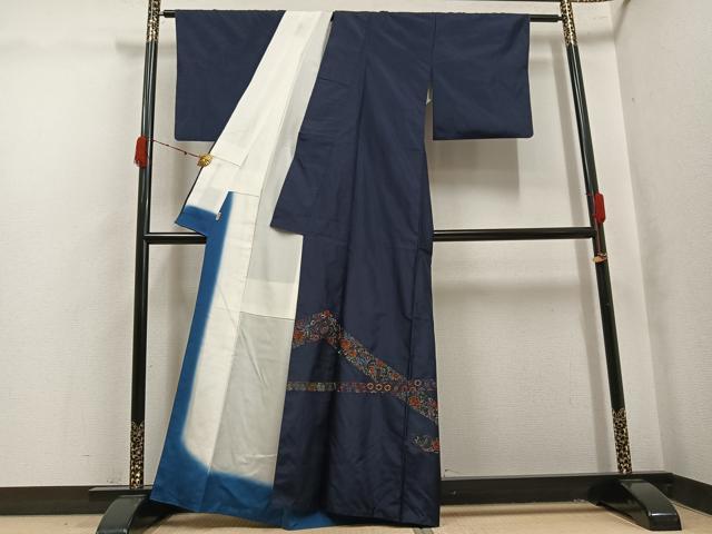 平和屋着物●本場縞大島紬　訪問着　総刺繍　草花文　金彩　ますいわ屋扱い　正絹　逸品　AABK4356ph