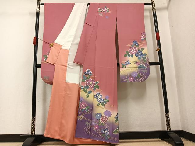平和屋着物●豪華振袖　流水花文　暈し染め　金彩　正絹　逸品　AABK4367ph