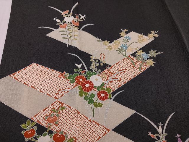 平和屋着物●訪問着　友禅　草花文　黒地　鬼しぼ縮緬　正絹　逸品　AABK4368ph