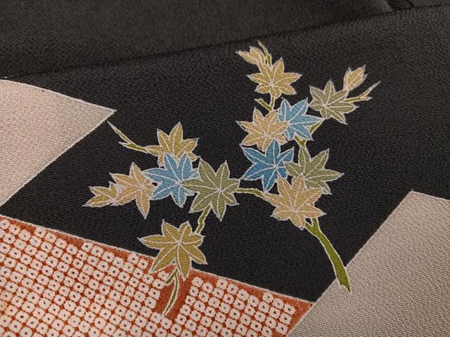 平和屋着物●訪問着　友禅　草花文　黒地　鬼しぼ縮緬　正絹　逸品　AABK4368ph