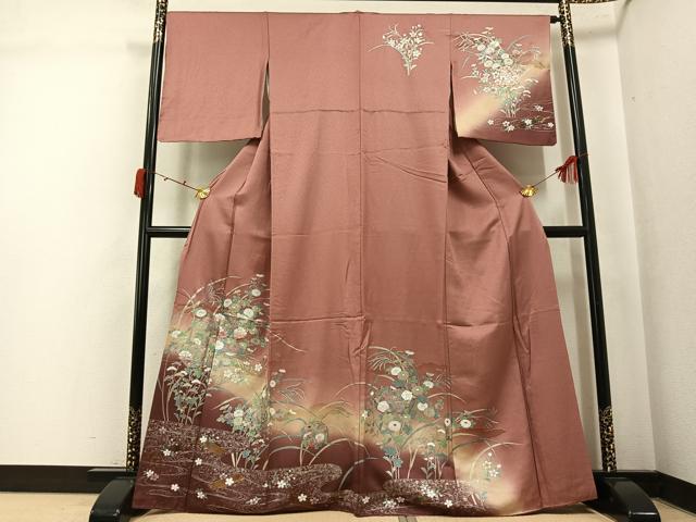 平和屋着物●訪問着　草花文　暈し染め　金銀彩　正絹　逸品　AABK4370ph