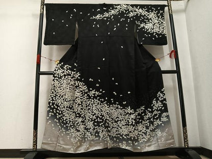 平和屋着物●訪問着　刺繍　枝花文　黒地　正絹　逸品　AABK4373ph