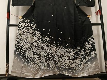 平和屋着物●訪問着　刺繍　枝花文　黒地　正絹　逸品　AABK4373ph