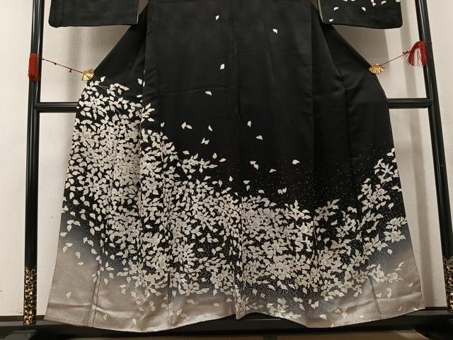 平和屋着物●訪問着　刺繍　枝花文　黒地　正絹　逸品　AABK4373ph