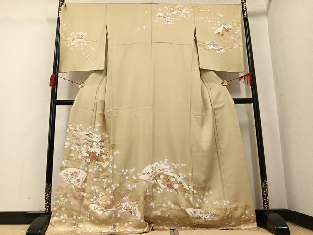 平和屋着物●訪問着　駒刺繍　地紙花文　金彩　ロング丈　正絹　逸品　AABK4375ph