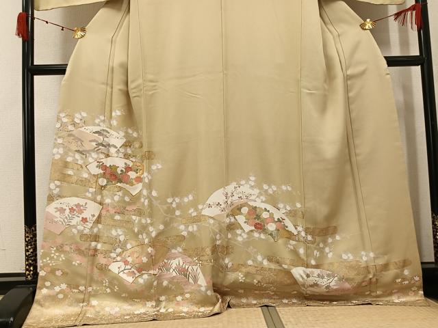 平和屋着物●訪問着　駒刺繍　地紙花文　金彩　ロング丈　正絹　逸品　AABK4375ph