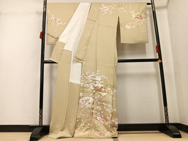 平和屋着物●訪問着　駒刺繍　地紙花文　金彩　ロング丈　正絹　逸品　AABK4375ph