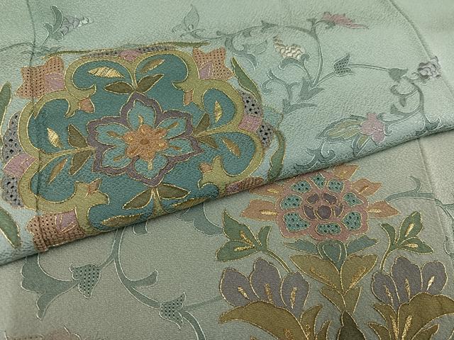 平和屋着物●訪問着　総刺繍　中国三大刺繍　汕頭刺繍　スワトウ刺繍　更紗唐草文　暈し染め　金糸　正絹　逸品　AABK4377ph