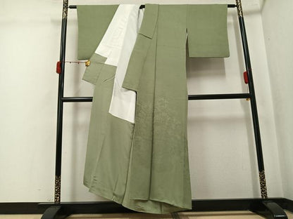 平和屋着物●豪華色留袖　風景草花地紋　色無地　柳茶色　正絹　逸品　AABK4382ph