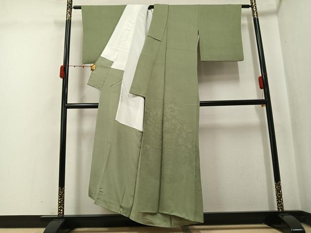 平和屋着物●豪華色留袖　風景草花地紋　色無地　柳茶色　正絹　逸品　AABK4382ph