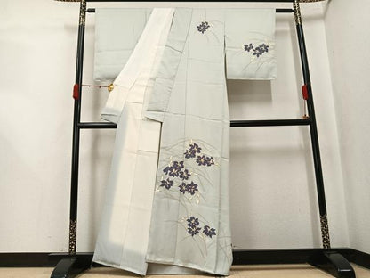 平和屋着物●訪問着　駒刺繍　草花文　金彩　正絹　逸品　AABK4385ph