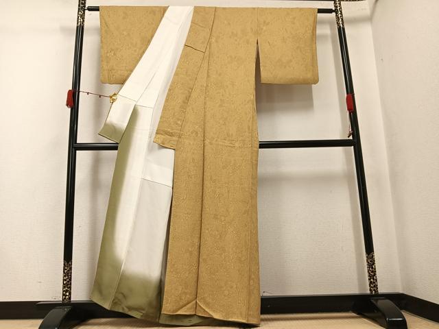 平和屋着物●上質な色無地　辻が花地紋　黄唐茶色　正絹　逸品　未使用　AABK4386ph