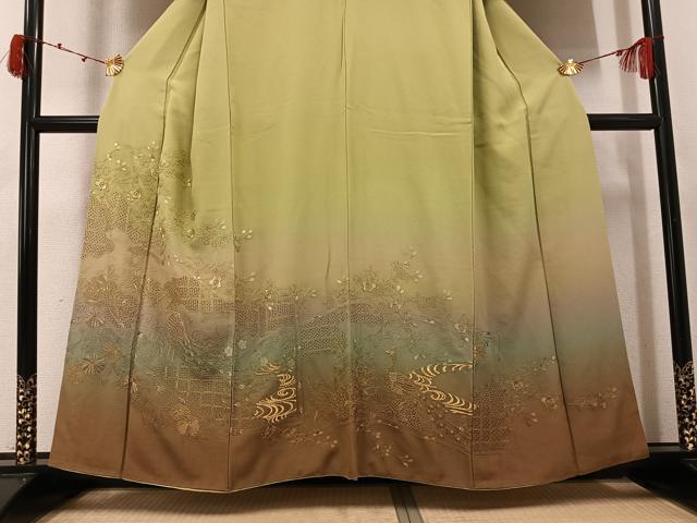 平和屋着物●訪問着　総刺繍　中国三大刺繍　スワトウ刺繍　汕頭刺繍　孔雀花文　暈し染め　金糸　正絹　逸品　AABK4389ph