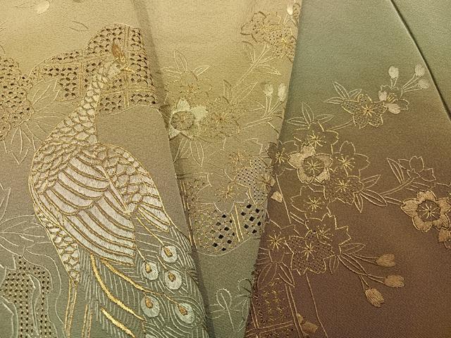 平和屋着物●訪問着　総刺繍　中国三大刺繍　スワトウ刺繍　汕頭刺繍　孔雀花文　暈し染め　金糸　正絹　逸品　AABK4389ph