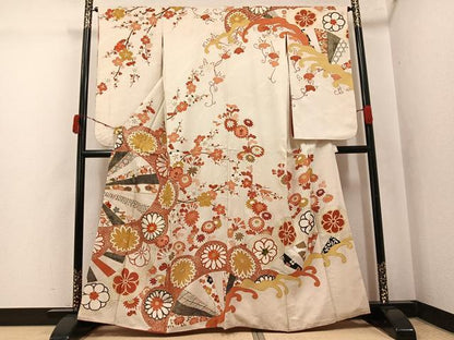 平和屋着物●アンティーク　大正ロマン　訪問着　駒刺繍　枝花文　金彩　正絹　逸品　AABK4409ph