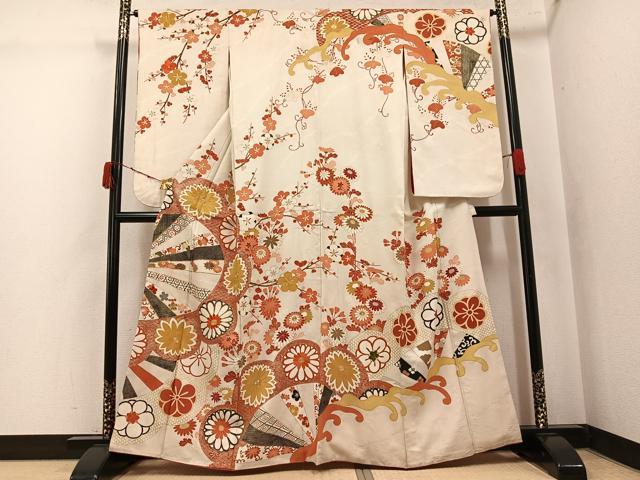 平和屋着物●アンティーク　大正ロマン　訪問着　駒刺繍　枝花文　金彩　正絹　逸品　AABK4409ph