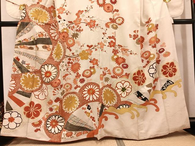 平和屋着物●アンティーク　大正ロマン　訪問着　駒刺繍　枝花文　金彩　正絹　逸品　AABK4409ph