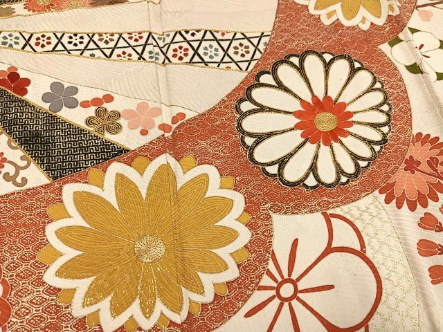 平和屋着物●アンティーク　大正ロマン　訪問着　駒刺繍　枝花文　金彩　正絹　逸品　AABK4409ph