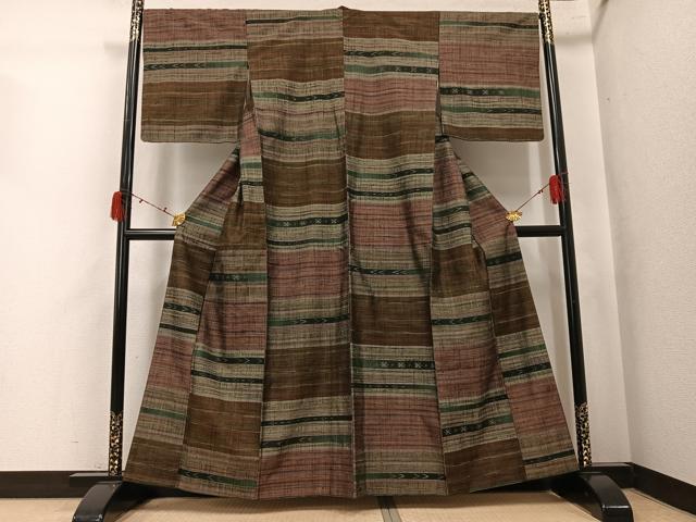 平和屋着物●上質な紬　横段文　正絹　逸品　AABK4427ph