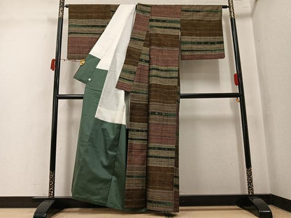 平和屋着物●上質な紬　横段文　正絹　逸品　AABK4427ph