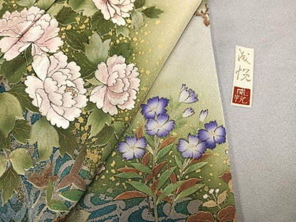 平和屋着物●訪問着　作家物　手描き　草花文　暈し染め　金彩　金通し地　正絹　逸品　AABK4433ph