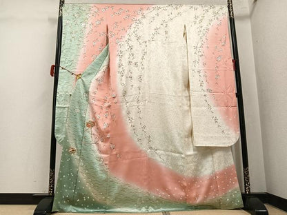 平和屋着物●豪華振袖　駒刺繍　糸巻枝垂れ桜文　暈し染め　金銀彩　正絹　逸品　AABK4437ph