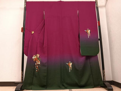 平和屋着物●豪華振袖　駒刺繍　檜扇花文　暈し染め　正絹　逸品　AABK4440ph