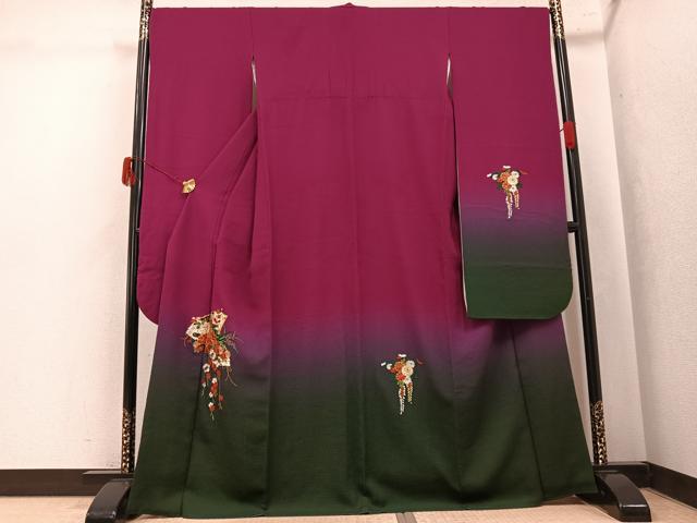 平和屋着物●豪華振袖　駒刺繍　檜扇花文　暈し染め　正絹　逸品　AABK4440ph