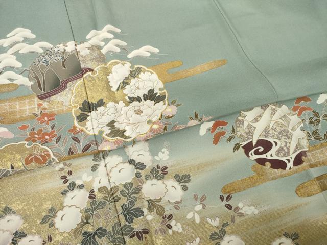平和屋着物●豪華色留袖　駒刺繍　雪輪花文　正絹　逸品　AABK4458ck