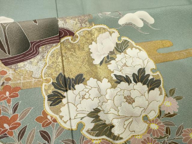 平和屋着物●豪華色留袖　駒刺繍　雪輪花文　正絹　逸品　AABK4458ck