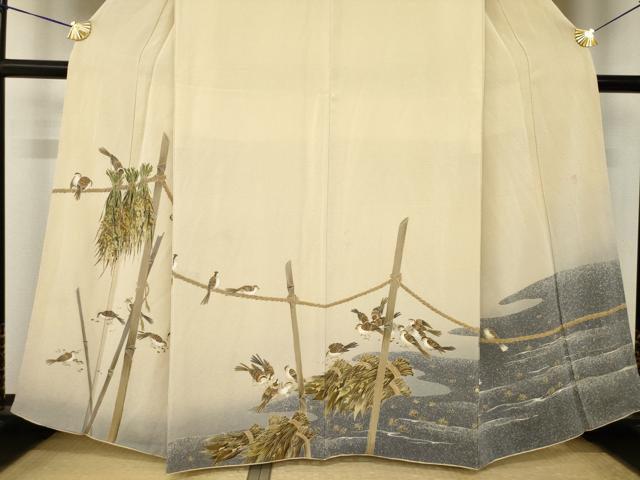 平和屋着物●友禅作家　茂野大生　訪問着　雀　すずめ　鬼しぼ縮緬　正絹　逸品　AABK4463ck
